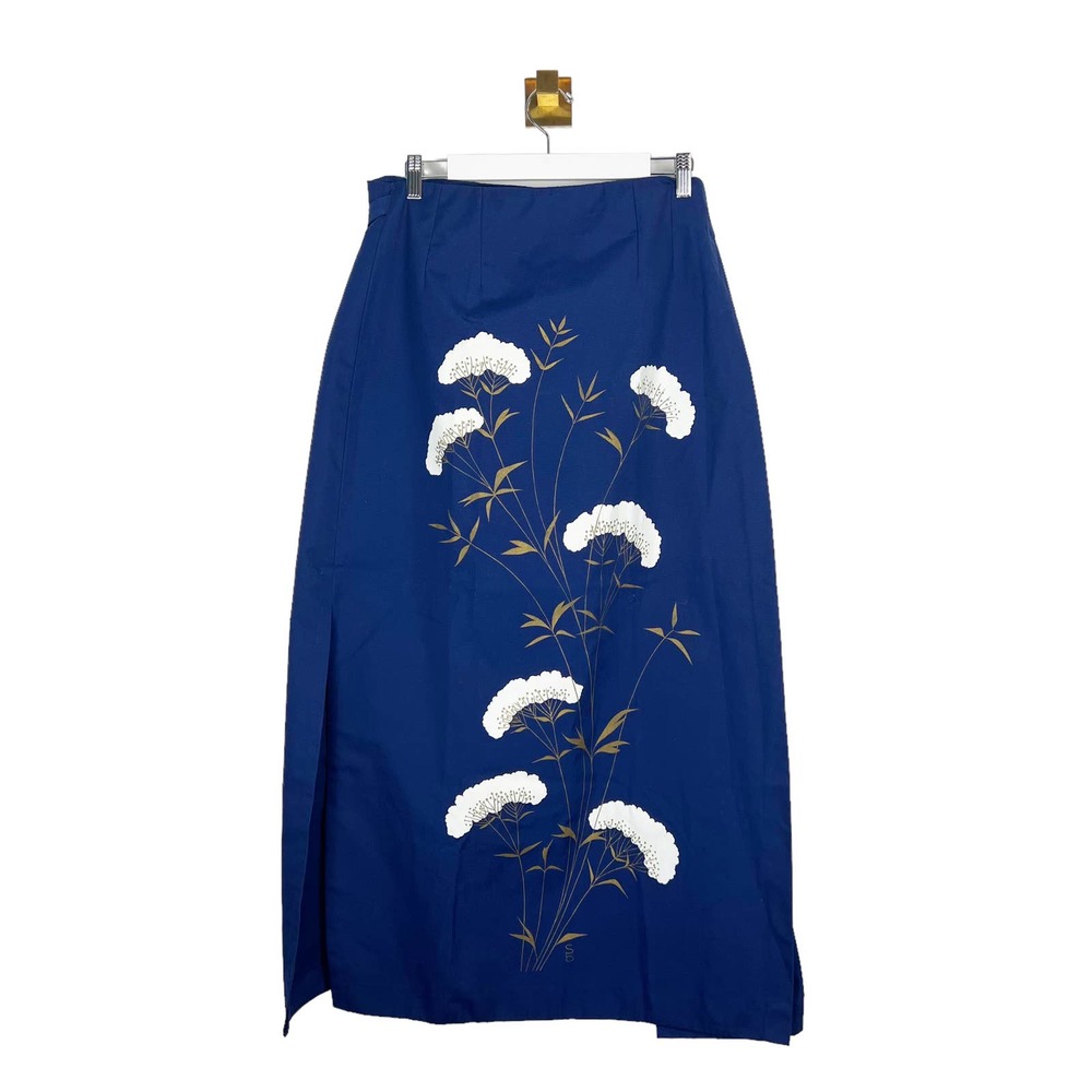 Vintage 60s The Bagshaws St. Lucia Blue Wrap Maxi Skirt Floral Cotton MCM Sz M